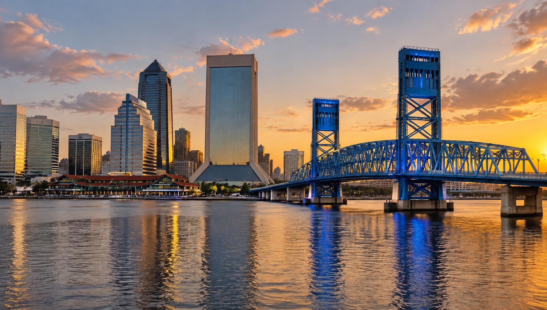 Downtown Jacksonville, Florida with the Main Street Bridge at sunset